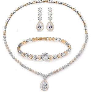 Women Hadskiss Jewelry Set Necklace Dangle Earrings Bracelet Set White Gold Set